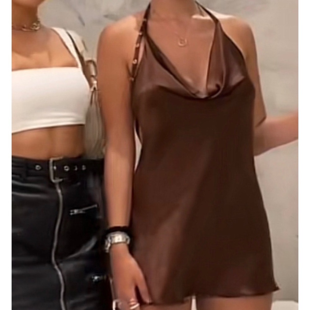 Heart of Sun Swim Chocolate Brown 100% Silk Cowl Neck Open Back Mini Dress M - Picture 1 of 7